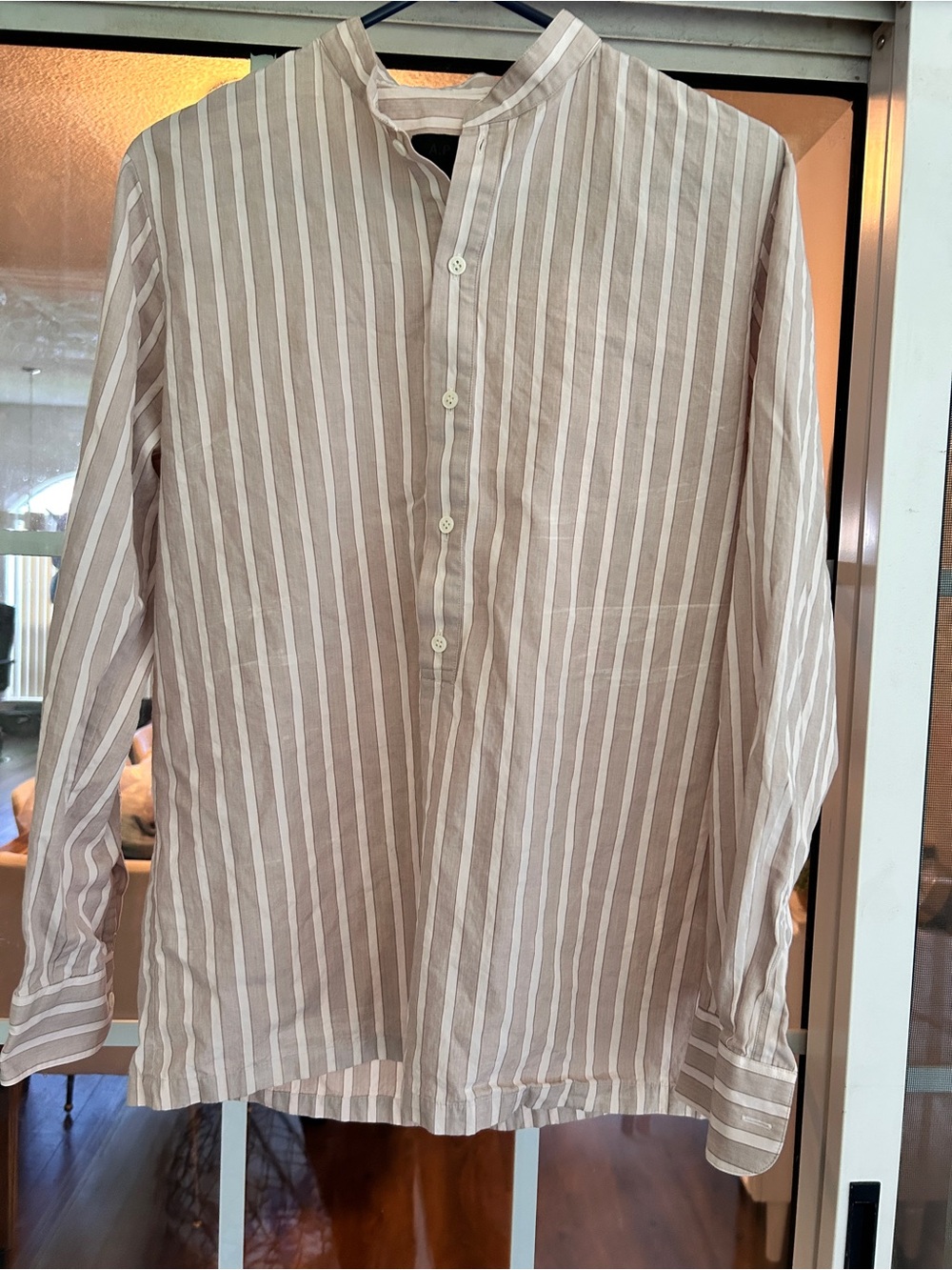 A.P.C. Collarless Popover Striped Cream and White Shirt